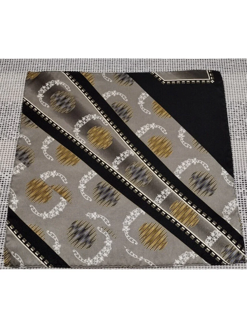 Vintage Fine Silk Hankie Art Deco Design Black Gray Gold Accents 1980s Menswear